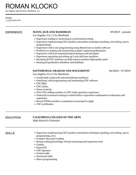 Cnc Machine Operator Resume Example (Free Samples